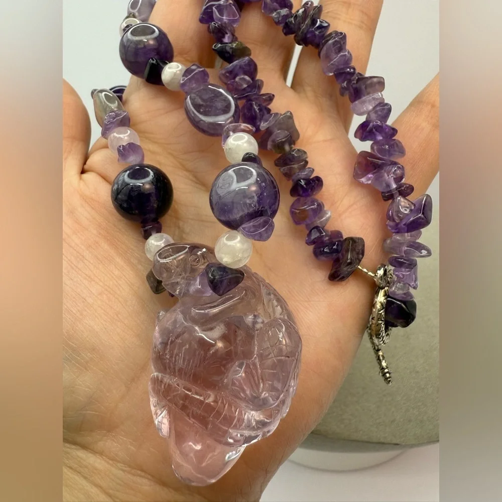 Carved amethyst lizard pendant with amethyst rock crystal necklace